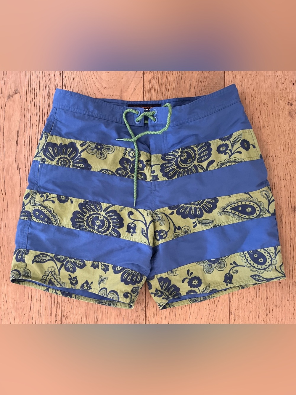 reyn spooner Blue and Olive Floral Stripe Swim Trunks